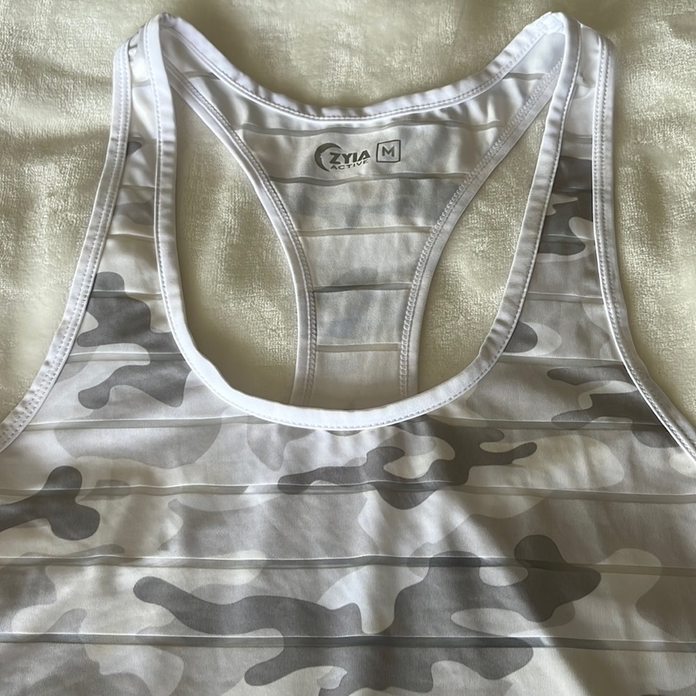 Zyia active sheer stripe tank- white camo